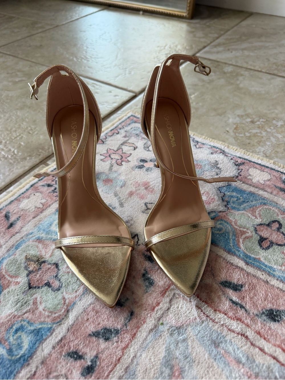 Fashion Nova Metallic Gold Pointed Toe Ankle-Strap Heels